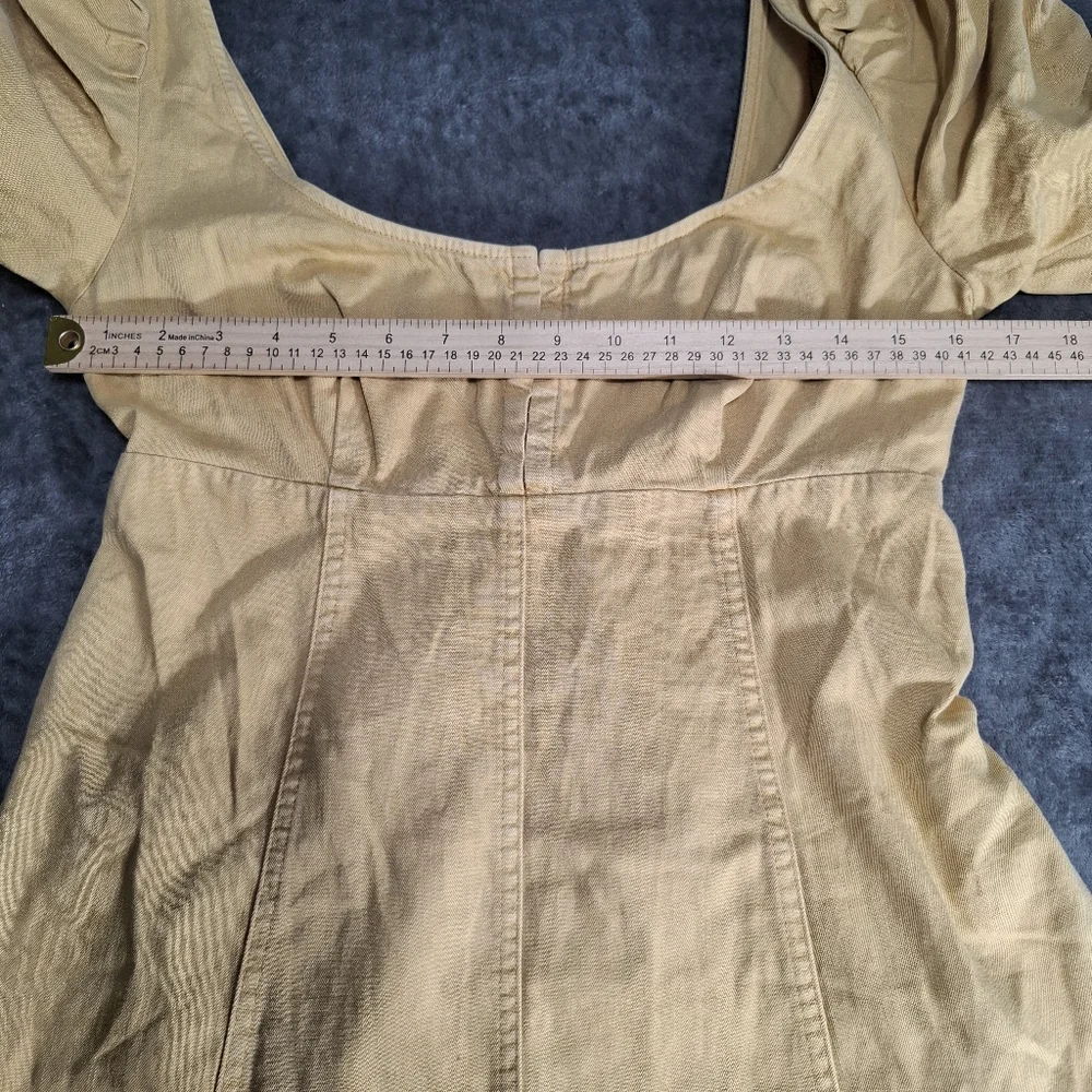 Free People Cheyenne Denim Mini Dress Babydoll Smocked Pockets Puffer Sleeve S